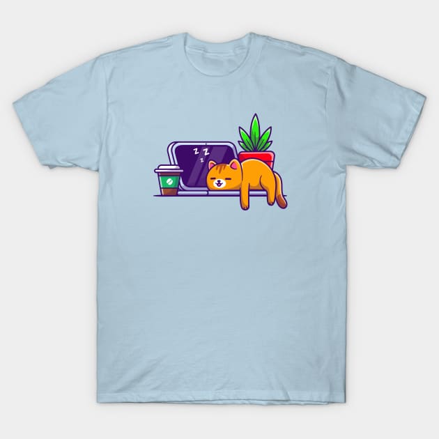 Cute Cat Sleeping On Laptop With Coffee Cartoon T-Shirt by Catalyst Labs